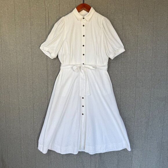 Ann Taylor ivory Linen Blend Short Puff Sleeve Button Front Midi Dress Size 16 - Picture 3 of 17
